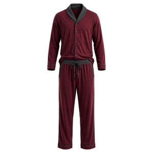 Men's Burgundy Long Sleeve <b>Pajama</b> Set With Gray Trim Soft Knitted 100% Cotton Casual Autumn Wear - Product Image 1