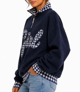 Sudadera Azul Marino de Mujer con Media Cremallera, Cuello y Puños a Cuadros, Diseño Bordado 'Girl', Estilo Casual de Otoño con Apliques - Product Image 3