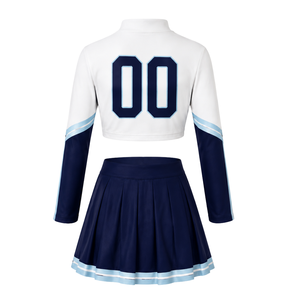 Ensemble uniforme de cheerleading bleu marine et blanc sublimé à manches longues avec jupe plissée – Tenue de sport athlétique pour entraînement et performance - Product Image 3