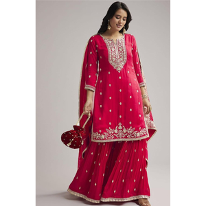 ชุดชาราร่าผ้าฝ้ายสีบานเย็นแบบดีไซเนอร์ พร้อมงานปักคอเสื้ออย่างประณีต |   ชุดเครื่องแต่งกายพื้นเมืองอินเดียแบบดั้งเดิมสำหรับงานปาร์ตี้ - Product Image 3