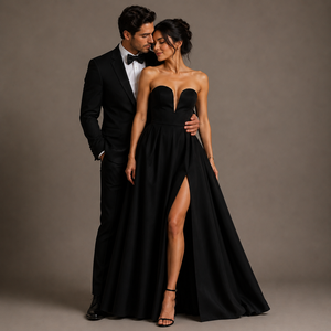 Robe de mariée de luxe noire moderne pour femme, coupe trapèze, col en V, à lacets, longueur cheville, avec poches, couleur personnalisable et sans manches - Product Image 3