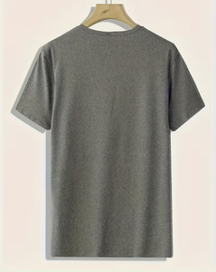 Men Solid Gray Crew Neck T-Shirt Set with Shorts Breathable Knitted Casual Summer Pajama Outfit Polyester/Cotton - Product Image 5