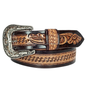 Ceinture en cuir véritable de vachette pour homme, style western, finition haut de gamme, avec boucle en laiton gravée de motifs floraux interchangeables. - Product Image 2