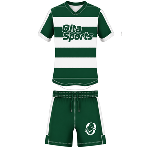 Conjunto de Uniforme de Rugby Verde Oscuro y Blanco de Manga Corta, Jersey de Rugby a Rayas con Cuello Redondo, Pantalones Cortos con Cordón, Ropa Deportiva para Entrenamiento - Product Image 1