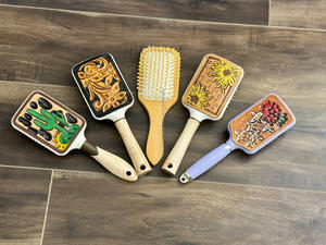 New Arrival Style Real Handmade <b>Engraved</b> Leather Hairbrush Luxury Comb Top Quality Western Style Turquoise Vanity Hair Brush - Product Image 3