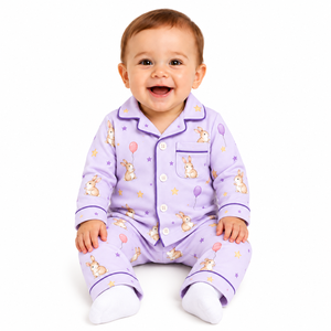 Ensemble pyjama bébé en lavande avec motif lapin, ballon et étoile, chemise à manches longues boutonnée et pantalon, tenue de nuit douce pour nourrisson et tout-petit - Product Image 1