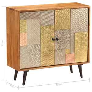 Buffet moderne européen en bois d'acacia massif, artisanal, écologique, durable, avec patchwork métallique multi-tonalités en relief, 2 portes - Product Image 4