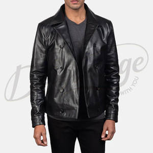 Veste en cuir noire double boutonnage de qualité supérieure pour homme, en véritable peau de mouton, style classique, coupe ajustée, vêtement d'extérieur décontracté et tendance - Product Image 3