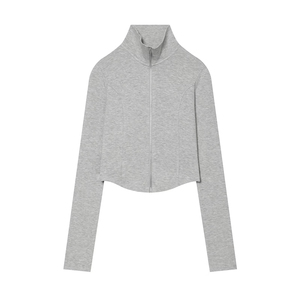 Women's <b>Cropped</b> Zipper <b>Jacket</b> Solid Color Stand Collar Full Sleeve Knitted Casual Outerwear Black Gray - Product Image 3