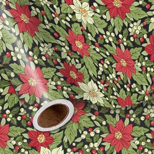 Rotolo di Carta da Regalo Natalizia Vintage con Motivo Floreale Classico Rosso e Bianco con Fiori di Poinsettia e Foglie per Confezioni Invernali - Product Image 2