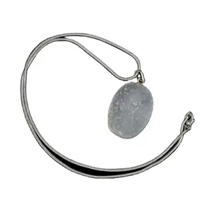 Druzy Agate Oval Shape With Silver Chain Pendant browse new design Gemstone Pendant