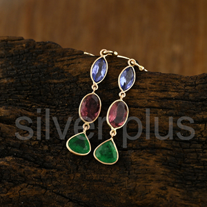 14K Gold Plated Tanzanite Tourmaline Emerald Triple Drop Dangle Earrings Minimalist Style Natural Gemstones for Women Wedding - Product Image 4