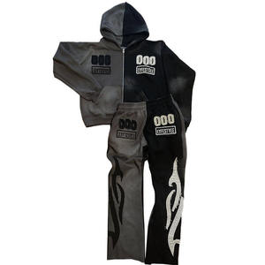 OEM 2026 New Arrival Custom Men Sweatsuit <b>Set</b> 100% Cotton Acid Wash <b>Embroidery</b> Patchwork Hoodie and Sweatpants Tracksuit - Product Image 1