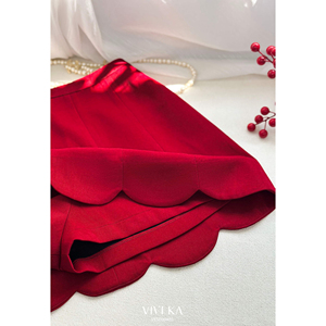 Mini-jupe trapèze rouge pour femme avec ourlet festonné, taille élastique, style doux, couleur unie, tissu tissé THETIS - Product Image 4