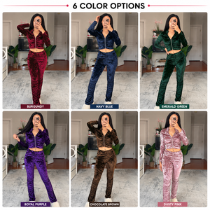 Women's Crushed Velvet <b>Crop</b> Top & Flare Pants Set Full Sleeve <b>Zip</b>-<b>Up</b> Tracksuit Casual Streetwear 2 Piece Outfit - Product Image 6