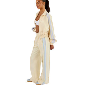 Conjunto Deportivo Corto para Mujer con Cierre Completo, Cuello Alto, Top con Franja Lateral en Contraste, Pantalones Anchos con Cintura Elástica, Atuendo Casual de 2 Piezas - Product Image 6