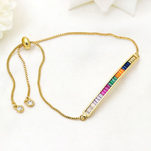 Wholesale 925 Sterling Silver Rainbow CZ Bar <b>Bracelet</b> <b>Gold</b> Plated Multi Color Baguette <b>Adjustable</b> Slider Chain Jewelry - Product Image 1