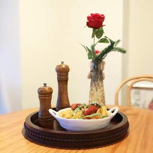 Plateau de service décoratif en bois haut de gamme avec perles, plateau ottoman rond vintage en bois pour centre de table, organisateur de comptoir, plateau circulaire - Product Image 2