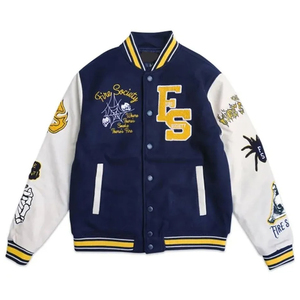 Chaqueta Varsity Azul de Lana Personalizada para Hombre con Mangas de Cuero, Parche de la Sociedad Contra Incendios, Estilo Urbano, Chaqueta de Béisbol Letterman Vintage - Product Image 6