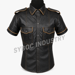 เสื้อเชิ้ตหนังสีดำ แขนสั้น แต่งขอบตัดกัน จับจีบด้านหน้า ที่บ่าเสื้อมีแถบผ้า กระเป๋าคู่ สไตล์เรโทร เหมาะสำหรับงานปาร์ตี้ - Product Image 3