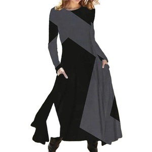 Nouveau 2024 femmes décontracté élégant robe de soirée contraste couleur dames printemps automne ample à manches longues robe avec poches robe Midi - Product Image 3