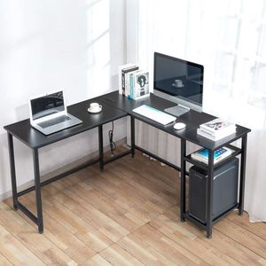 Tiger Black L-Shaped Desktop Computer Desk with Power Outlets and Shelf - Product Image 3