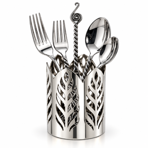 Gold Cutlery Holder with Silverware Set with Different Type of Finish, Wheat Pattern <b>Metal</b> Utensil Organizer - Product Image 4