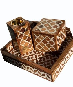Arabic Wooden <b>Incense</b> Burner Set <b>Box</b> and tray with Resin Inlay Work Handmade Bakhoor Burner for Majlis and Mosque Decoration - Product Image 2