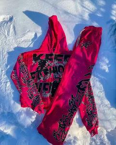 ชุดเซ็ตเสื้อฮู้ดดี้และกางเกงวอร์มขาบานปักลายปะติดแบบทำสีซีดสไตล์ OEM พร้อมประดับคริสตัล - Product Image 6