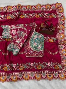 Hand Drawn Embroidered Floral Women Set Traditional Indian <b>Saree</b> <b>Blouse</b> and Dupatta Modest Party Wedding Wear - Product Image 3