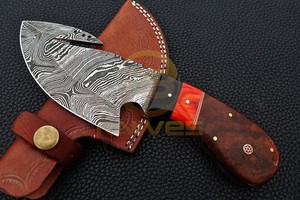 Couteau de chasse et de survie en acier Damas fait main sur mesure avec crochet à dépecer, fourreau en bois et cuir - Fabrication personnalisée DIY - Garantie 3 ans - Product Image 3