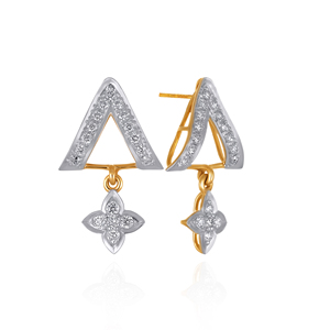 Boucles d'oreilles pendantes géométriques de luxe bicolores or et argent avec pendentif floral étincelant pour femme - Product Image 2