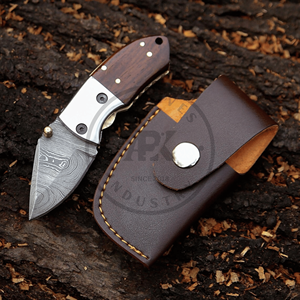 Couteau de poche pliant artisanal haut de gamme en acier Damas, lame pointue, manche en corne, qualité industrielle, garantie 3 ans, étui de transport en cuir - Product Image 2