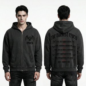 Vintage Black Hoodie Men Acid Washed Streetwear Rhinestone Bat Graphic Pullover Oversized Heavyweight Fleece Hooded Sweatshirts - Product Image 5