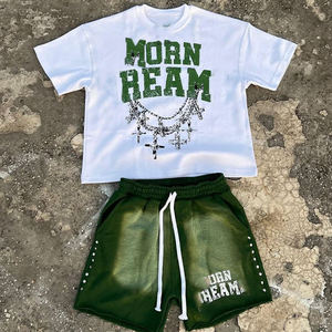 Ensemble T-shirt et short en coton pour homme ORN BEAM, col rond, tenue décontractée d'été, logo imprimé sur le devant, bleu et blanc, ensemble assorti - Product Image 3