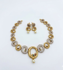 Elegante Conjunto de Collar Gargantilla y Pendientes de Latón con Circonitas, Chapado en Metal, con Piedra Natural y Perla Colgante, Joyería para Novia, Boda, Fiesta y Compromiso - Product Image 2