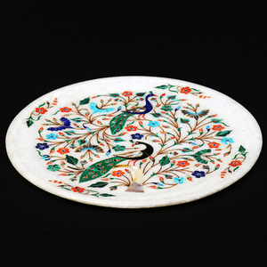 Panneau décoratif mural rond en marbre incrusté de pierres, motif floral paon - Product Image 3