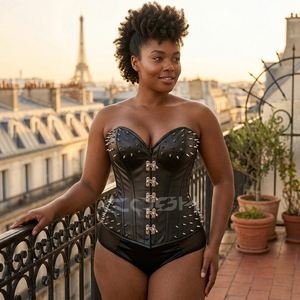 Overbust Steelboned Black Leather Spiked <b>Corset</b> With Front Clasp Closure - Product Image 2