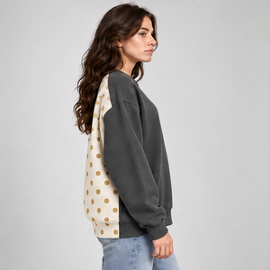Women's Charcoal and Ivory Split Color Polka Dot Varsity <b>Crewneck</b> Sweatshirt Long Sleeve Ribbed Cuffs Pullover Wholesale - Product Image 2