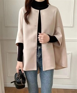 <b>Women's</b> Solid O-Neck Batwing Sleeve <b>Poncho</b> Coat Snap Closure Thick Autumn Eco-friendly Cotton Filled Wool Blends Polyester - Product Image 2