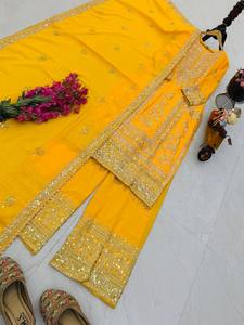Conjunto de Salwar Kameez Amarillo Bordado para Mujer, Ropa Étnica Tradicional, para Bodas y Fiestas, Algodón, Largo hasta el Tobillo, Corte Regular, India, Pakistán - Product Image 5