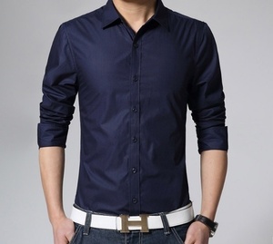 เสื้อเชิ้ตผู้ชายคอตั้งทรงสลิม แขนยาว ผ้าไม่ยับ สวมใส่สบาย เหมาะสำหรับธุรกิจและลำลอง - Product Image 1