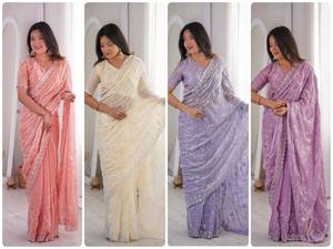 Sari indien prêt-à-porter pour femmes, orné de perles originales, en tissu de soie, en gros et à prix avantageux - Product Image 2