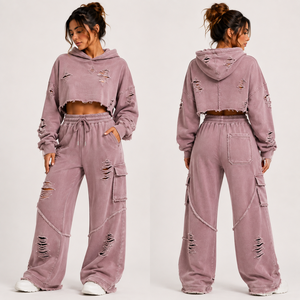 Women's <b>Pink</b> Cropped Hoodie <b>Tracksuit</b> Full Length Sweatpants Skinny Fit Casual Autumn Wear Solid Color Drawstring Pants - Product Image 5