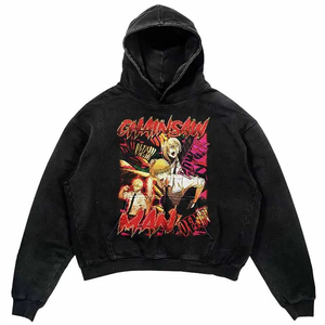 เสื้อฮู้ด Up FeltCustom Acid Wash ลายอนิเมะ Chainsaw Man คุณภาพสูง สไตล์สตรีทแวร์สำหรับผู้ชาย ทรงบ็อกซี่ พร้อมปลายแขนแบบริบ - Product Image 1