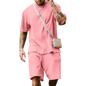Conjunto de Camiseta y Pantalones Cortos de Punto Acanalado Azul para Hombre, Cuello Redondo, Color Sólido, Estilo Casual de Verano, Transpirable y Cómodo - Product Image 5
