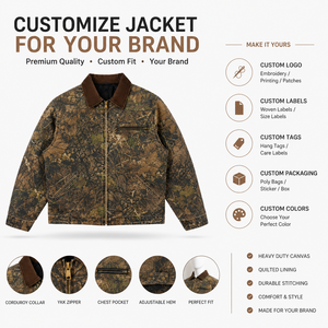 Custom <b>Men's</b> Winter Camouflage Quilted Corduroy Collar Zipper Detroit Style Work <b>Chore</b> <b>Jacket</b> OEM Private - Product Image 1