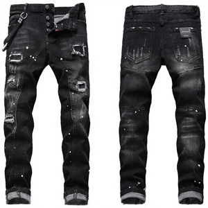 Jean droit tendance pour homme, taille mi-haute, style Hip Hop, streetwear urbain, éco-responsable, déchiré, délavé, effet éclaboussures de peinture - Product Image 2