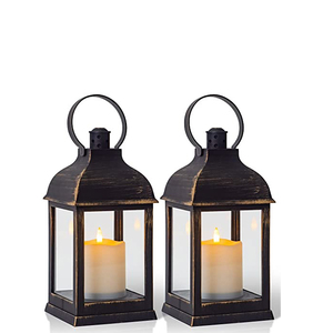 <b>Black</b> Antique Iron <b>Lantern</b> With Glass Panels Flameless Candle Holder For Home Decoration - Product Image 1