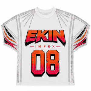 Camiseta Oversize de Algodón Pesado para Hombre con Pedrería, Estilo Urbano, Jersey de Carreras, Logotipo Personalizado, Estampado Degradado y Cristales - Product Image 1